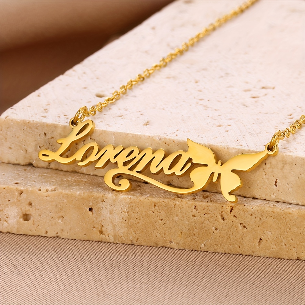Women's Personalized Stainless Steel Butterfly Ribbon Name Pendant Necklace